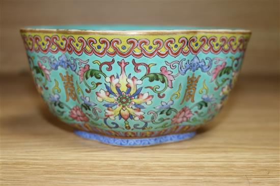 A Chinese lobed hexagonal turquoise ground bowl diameter 14cm